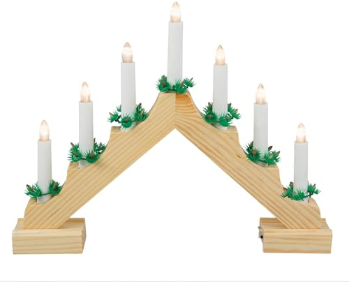 Idena 8582092 - LED Adventsleuchter mit 7 LED Kerzenlichtern in Warmweiß, Schwibbogen aus naturfarbenem Holz, batteriebetrieben, Deko für Innen, als Winter-, Advents- und Weihnachtsdeko