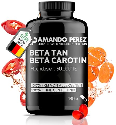 Amando Perez Beta Tan+ Bräunungskapseln Hochdosiert 50.000 I.E. – 180 Softgels – Natürliches Beta Carotin aus Dunaliella salina – Provitamin A – Vegan – Vorrat für 720 Tage
