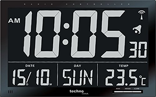 Technoline WS 8007 Funkwanduhr XXL mit Temperaturanzeige | Datum & Wochentag | Digitale Funkuhr mit DCF-Funksignal | Alarm & Schlummerfunktion | Große LCD-Anzeige für Büro, Küche & Wohnzimmer