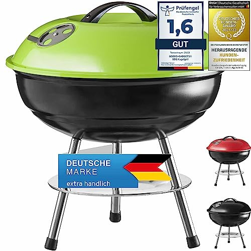 GOODS+GADGETS® Kugelgrill Mini BBQ Holzkohle Tischgrill 38 cm | Kompakter Reisegrill aus emailliertem Edelstahl – kein Rosten, schnell aufgebaut – ideal für Camping, Balkon & Picknick