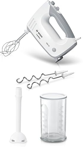 Bosch Handrührgerät, 2 Rührbesen, 2 Knethaken, Edelstahl, spülmaschinenfest, Pürierstab, Mixbecher, 5 Stufen plus Turbostufe, 450 W, weiß, ErgoMixx MFQ36440