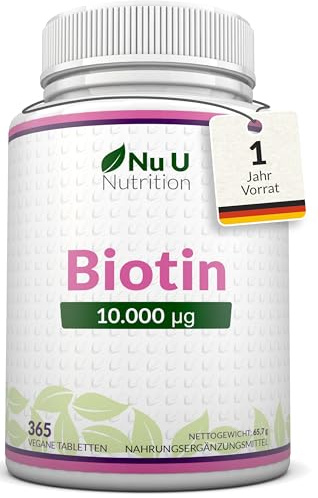 Biotin hochdosiert 10.000 mcg - 365 Vegane Tabletten - Für Haarwuchs, Haut & Nägel - Volle Jahresversorgung - Nahrungsergänzungsmittel von Nu U Nutrition