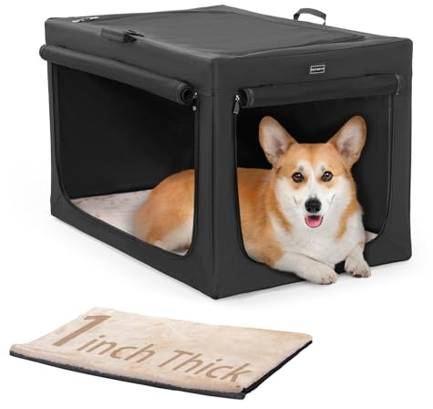 Petsfit Hundebox faltbar für mittlere Hunde, Hundebox für Zuhause Zimmerkennel Hund Verstellbares Design Transportbox Hund, Reißfeste Netzfenster & verdickte plüsche Betteinlage,(M, Schwarz)