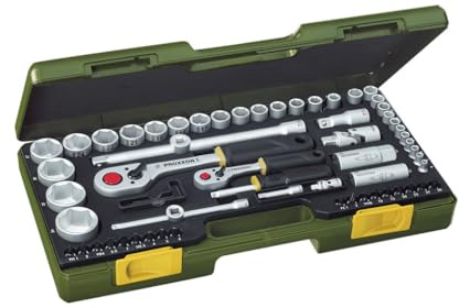 PROXXON Steckschlüsselsatz, Komplettsatz mit 1/4'' und 1/2''-Umschaltratsche, 65-teiliges Werkzeug-Set mit Kunststoffkoffer, 23286