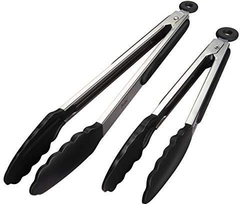 iNeibo Grillzange Küchenzange Zange Küche aus Rostfreim Edelstahl und Silikon Fleischzange Kochzange mit Hitzebeständigem Silikongriff 2er Set 30cm und 23cm Schwarz