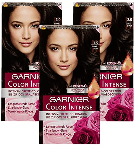 Garnier dauerhafte Creme-Coloration, für intensive, langanhaltende Farbe, 100% Grauabdeckung, Color Intense, 3.0 Dunkelbraun, 3 x 1 Stück