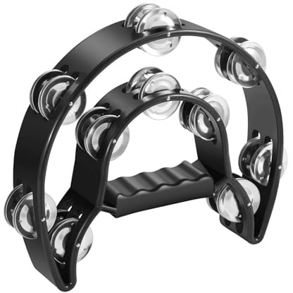 Flexzion Tamburin, Handtrommel - 25cm Schellenkranz mit Handgriff, Musik Schlaginstrument, zweireihig Schellenring in Halbmond-Form Rahmen, mit 20 Paar Metall Schellen, für KTV & Party, Schwarz