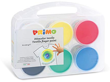 Primo - Gouache Farben Set Finger (ab 2 J.) 100g, Malkoffer für Kinder mit 6 Stofffarben, Fingerfarben Kinder Ungiftig Stoffmalerei Waschbeständig 30 °C, Textilfarbe Malset Dermatologisch Getestet