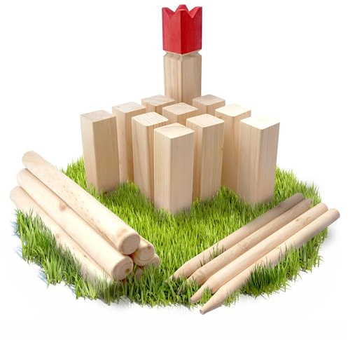 Ocean 5 Kubb Wikingerschach Holz, Wurfspiel Garten, Rote Krone | Schwedenschach aus FSC Holz mit massiven Figuren & Stoffbeutel: Kubb Spiel für Garten & Familie, 30x5,2 cm