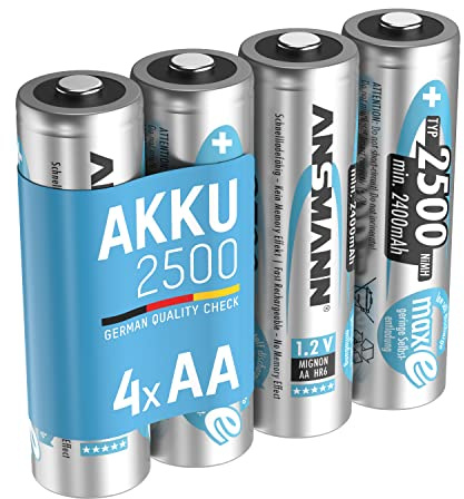ANSMANN Akku AA 2500 mAh NiMH 1,2 V (4 Stück) - Mignon AA Batterien wiederaufladbar, maxE sorgt für äußerst geringe Selbstentladung für jahrelangen Einsatz