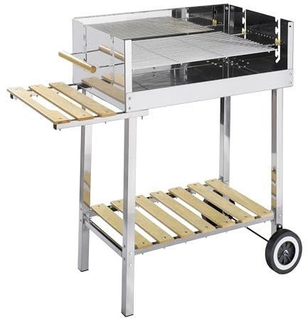 GLÜHZONE HKG 500, Grill XXL Edelstahl Grillwagen, Holzkohlegrill fahrbar mit Holzablage, 4-fach höhenverstellbarer großer Grillrost, langlebig