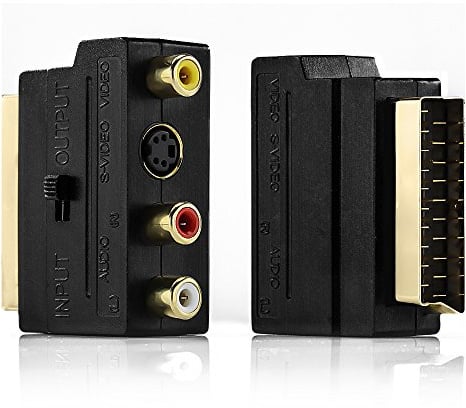 deleyCON Scart auf 3X Cinch Buchsen IN/Out Umschalter + S-Video S-VHS AV Audio Video Adapter - Schwarz
