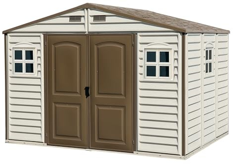 Duramax WoodSide 10 x 8 (7.64 m²) Kunststoff gerätehaus mit 3 festen Fenstern und Metallfundamentset, Gerätehaus, wartungsfreie und robuste und Dachstruktur aus Metall, Ivory/Brown