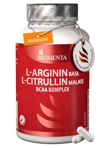 BIOMENTA L-Arginin Base + Citrullin + BCAA + Zink I 150 Kapseln mit 1100 mg Aminosäuren pro Einheit I Pre Workout Nahrungsergänzungsmittel ohne Zusätze I Laborgeprüfte Qualität