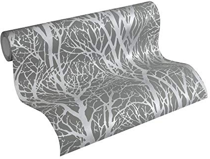 A.S. Création Vliestapete 10,05 m x 0,53 m mit modernem Waldmotiv - Silber, Grau - Mustertapete im Metallic-Look - 300943