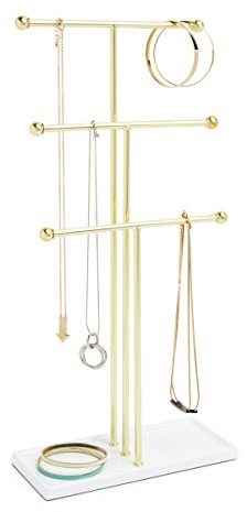 Umbra Trigem Schmuckbaum - Extra Hoher Schmuckständer für Ketten mit integrierter Schmuckablage für Ringe, Ohrringe, Armbänder, Uhren und Accessoires, 3-stufig, Metall, Weiss/Gold