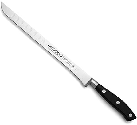 Arcos Jamonmesser mit Alveolen - Klinge 250 mm, Ideal für Präzises Schneiden und Tranchieren von Verschiedenen Lebensmitteln - Schwarz, Serie Riviera