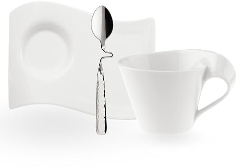 Villeroy & Boch - Newwave Caffè Cappuccino Tassen Set, Spülmaschinenfest, Mikrowellensicher, Cappuccinotassen, Kaffee Geschirr Set, Tasse, Untertasse, Löffel, Premium Porzellan, Edelstahl