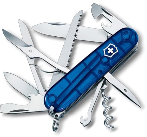 Victorinox Schweizer Taschenmesser Huntsman, Multitool, Swiss Army Knife mit 15 Funktionen, Klinge, Korkenzieher, Dosenöffner, Faltschachtel, Blau Transparent