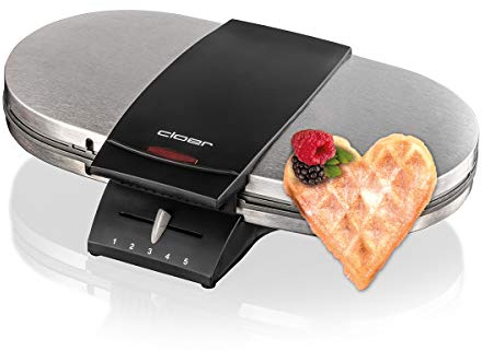 Cloer 1329 Doppelwaffeleisen für 2 Herzwaffeln mit 15,5 cm Durchmesser, Waffeleisen mit Antihaftbeschichtung, Edelstahlgehäuse, stufenlosem Bräunungsgrad und optischer Fertigmeldung, PFAS-frei, 1700 W