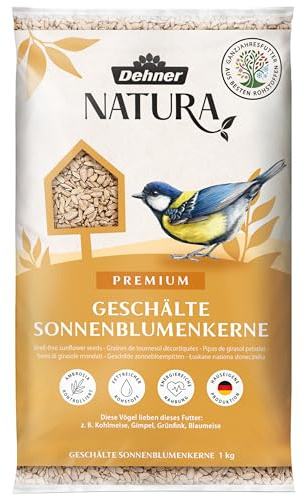 Dehner Natura Premium Wildvogelfutter, Sonnenblumenkerne schalenfrei, Ganzjahresfutter proteinreich / energiereich, hochwertiges Vogelfutter für Wildvögel, 1 kg