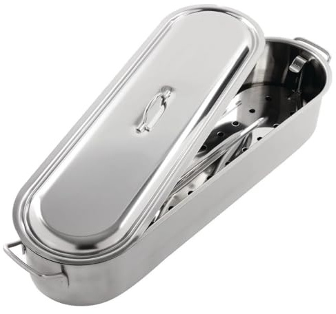 KitchenCraft Fischpochierer, Edelstahl Induktionskochfeld, spülmaschinenfeste Pochierpfanne, Pochiereinsatz und Pochierdeckel, Silber, 1 Liter Fassungsvermögen, 45,5L x 15,5W x 10D cm, 1 Set