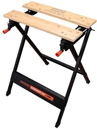 BLACK+DECKER tragbare Werkbank für Werkstatt - Sägebock Werkbank klappbar als Werkstatteinrichtung (freistehend, Abmessung der Arbeitsplatte: 610x250 mm, max. Tragkraft: 160 kg) WM301