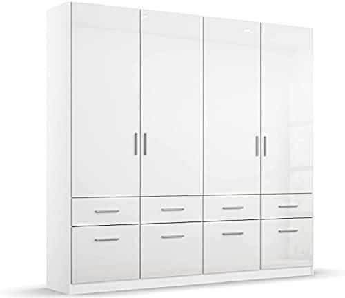 Rauch Möbel Celle, Kleiderschrank, Farbe Hochglanz Weiß, Breite 181 cm | Schrank, Mehrzweckschrank, 4-türig, 8 Schubladen, für Schlafzimmer, Kinderzimmer, Homeoffice, Garderobe, Flur