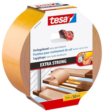 tesa Verlegeband extra stark klebend - Doppelseitiges Klebeband zum Verlegen von Teppich und PVC-Belag - doppelseitig klebend - 25 m x 50 mm