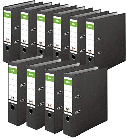 Original DINOR Ordner-Wolkenmarmor-Recycling - Made in Germany. 10er Pack 8 cm breit DIN A4 schwarz Aktenordner Briefordner Büroordner Pappordner Schlitzordner Grüner Balken Blauer Engel