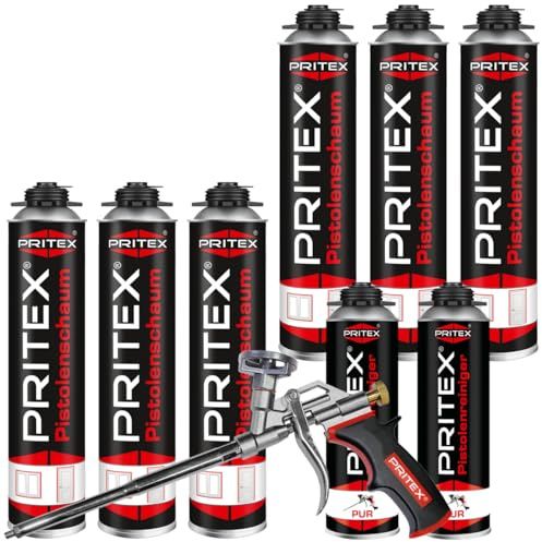 PRITEX – Bauschaum Set aus 6 x 750 ml Pistolenschaum inkl. 2 x 500 ml Pistolenreiniger und Schaumpistole – Montageschaum zum Verfüllen, Dämmen & Abdichten – PU-Schaum mit hervorragender Wärmedämmung