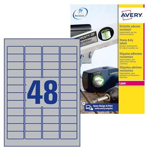 AVERY Zweckform L6009-20 Typenschild Folienetiketten (45,7x21,2 mm auf DIN A4, extrem stark selbstklebend, wetterfeste bedruckbare Klebefolie) 960 Aufkleber auf 20 Blatt silber, 960 Stück, 45,7 x 21,2 mm