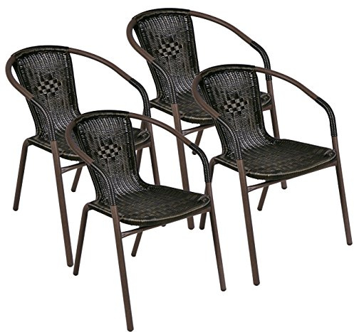 Nexos Trading Bistrostuhl stapelbar Poly-Rattan Gartenstuhl Balkonstuhl Terrassenstuhl Rattanstuhl mit Stahlgestell pflegeleicht robust für Balkon Terrasse Garten (4er Set Dunkelbraun)