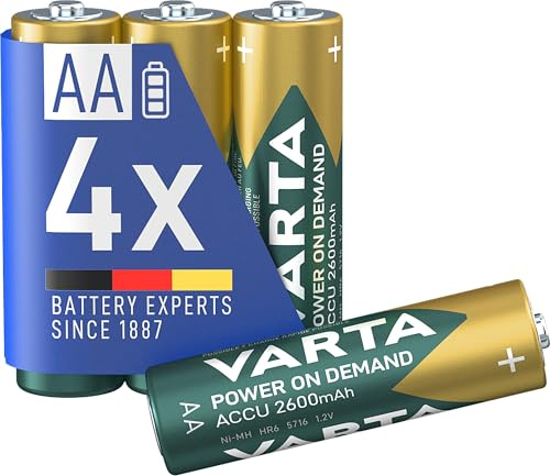 VARTA Batterien AA, wiederaufladbar 4 Stück, Recharge Accu Power on Demand | 2600 mAh Ni-MH Akku, Baugröße HR6 mit 1,2 V, vorgeladen, ohne Memory Effekt, für Kamera und Taschenlampe, langlebige Qualität