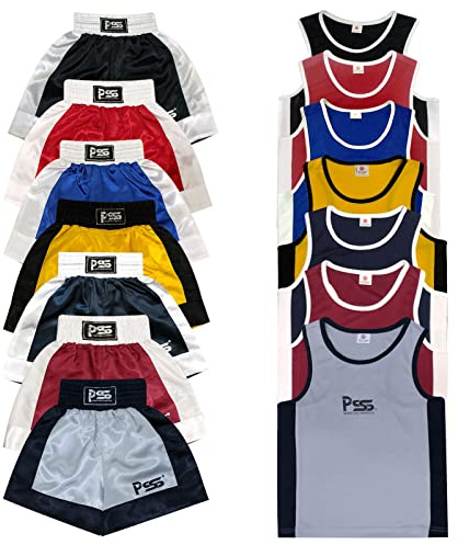 PSS Boxing Boxen Set Kinder 3 bis 14 Jahre Shorts + Tanktop Boxen Anzug Kick Boxing Kickboxen Muay Thai, Marineblau Größe 9-10 Jahre
