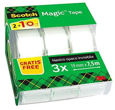 Scotch Magic Tape, 2 Rollen im Abroller + 1 GRATIS, 19 mm x 7,5 m | Universalklebeband zum Reparieren, Beschriften und Verschließen; Matt, Unsichtbar und Beschreibbar