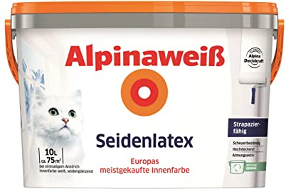 Alpinaweiß Seidenlatex in weißer Seidenglanz-Optik – strapazierfähige und atmungsaktive Wandfarbe – ergiebig, gut deckend & reinigungsfähig – 10 Liter