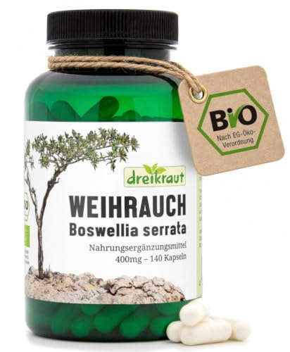 Weihrauch-Kapseln BIO, 140 Stück, 400mg, hochdosiert, Boswellia Serrata, 1600mg je Tagesdosis, 65% Boswellia-Säuren, 100% Indischer Weihrauchextrakt ohne Zusätze, Deutsche Herstellung