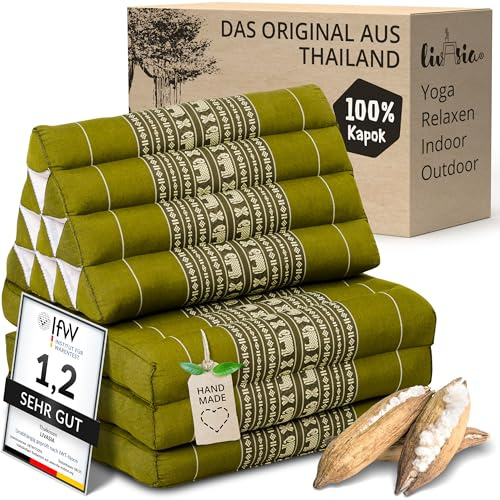 livasia Thaikissen mit 3 Auflagen - 175x50x8cm - Dreieckskissen mit Klappmatratze, Keilkissen Kapok, Rückenkissen faltbar, Thaimatte zum Klappen, handgefertigt, Meditationskissen (Grün/Elefanten)