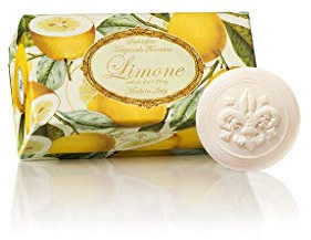 Limonenseife rund 6 stk a 50 g, handgemachte italienische Seife aus Fiorentino, mit dekorativer Prägung