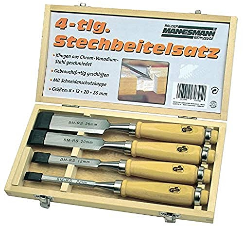 Brüder Mannesmann Stechbeitel-Set 4-tlg., mit ergonomischen Holzgriffen aus Chrom-Vanadium-Stahl, inkl. Holzkassette, ideal für Holzarbeiten und DIY | M66104