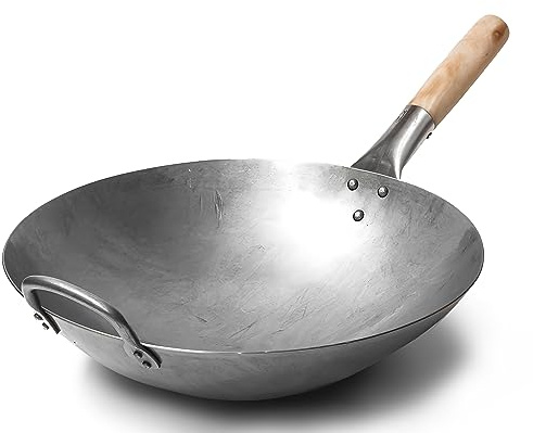 Craft Wok Traditioneller handgehämmerter Wok aus Karbonstahl mit Griff aus Holz und Stahl (Durchmesser 35,6 cm, Rundboden)/731W88