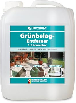 HOTREGA Grünbelagentferner 1:3 Konzentrat 5L | Sichtbare Wirkung nach 24h | Entfernt Grünbelag, Algen auf Pflasterstein, Fassade, Holz | Sehr ergiebig