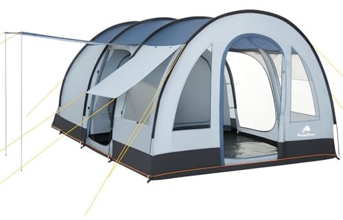 CampFeuer Zelt TunnelX für 4 Personen | Grau/Blau | Tunnelzelt mit 3 Eingängen | 5000 mm Wassersäule | Vernähte Bodenplane, Moskitonetz & Sichtschutz | Für Camping, Festivals & Familienausflüge