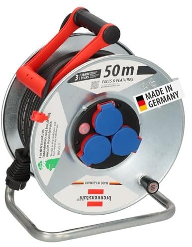 Brennenstuhl Garant S IP44 Kabeltrommel, 50m - Stahlblech (kurzfristiger Einsatz im Außenbereich, Made in Germany) silber