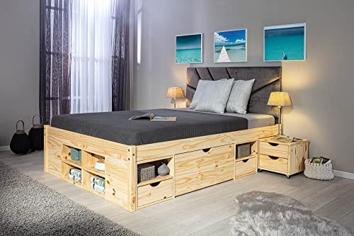 Inter Link - Funktionsbett - Bett mit Schubladen - Doppelbett 140 x 200 cm - 2 Große und 4 kleine Schubladen - Nachtkommode - Kiefer massivholz - Inkl Lattenrost - Natur lackiert - Claas