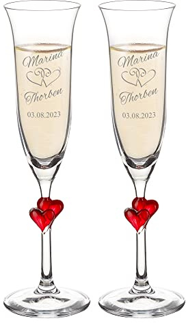 AMAVEL 2er Set Sektgläser mit rotem Herz und Gravur zur Hochzeit, Motiv Herzen, Personalisiert mit Namen und Datum, Hochzeitsgeschenke für Brautpaar, Gastgeschenke und Hochzeitsdeko, Hochzeitsgeschenk