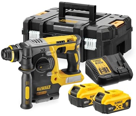 DEWALT SDS-plus XR Akku-Kombihammer/Schlagbohrmaschine (18V, bürstenlos, 24mm, ideal für Bohranker/Befestigungslöcher, 2x 18V / 5 Ah Li-Ion Akkus, Ladegerät, T-STAK Box), DCH273P2T-QW