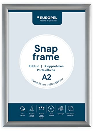 OPUS 2 Klapprahmen A2 mit 25 mm Aluminium-Profil - aufklappbarer Plakatrahmen mit Gehrungsecke - Schnapprahmen für u.a. Poster, Zertifikate, Fotos & Werbemittel - Silber, 355004