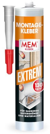 MEM Montagekleber Extrem, Pastöser Dispersionsklebstoff, Hohe Anfangshaftung und Endfestigkeit, Für verschiedene Untergründe, Lösemittelfrei, 380 g-Kartusche, Weiß